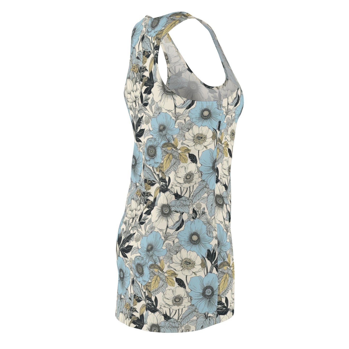 Blue and Grey Floral Racerback Dress with Yellow Leaves
