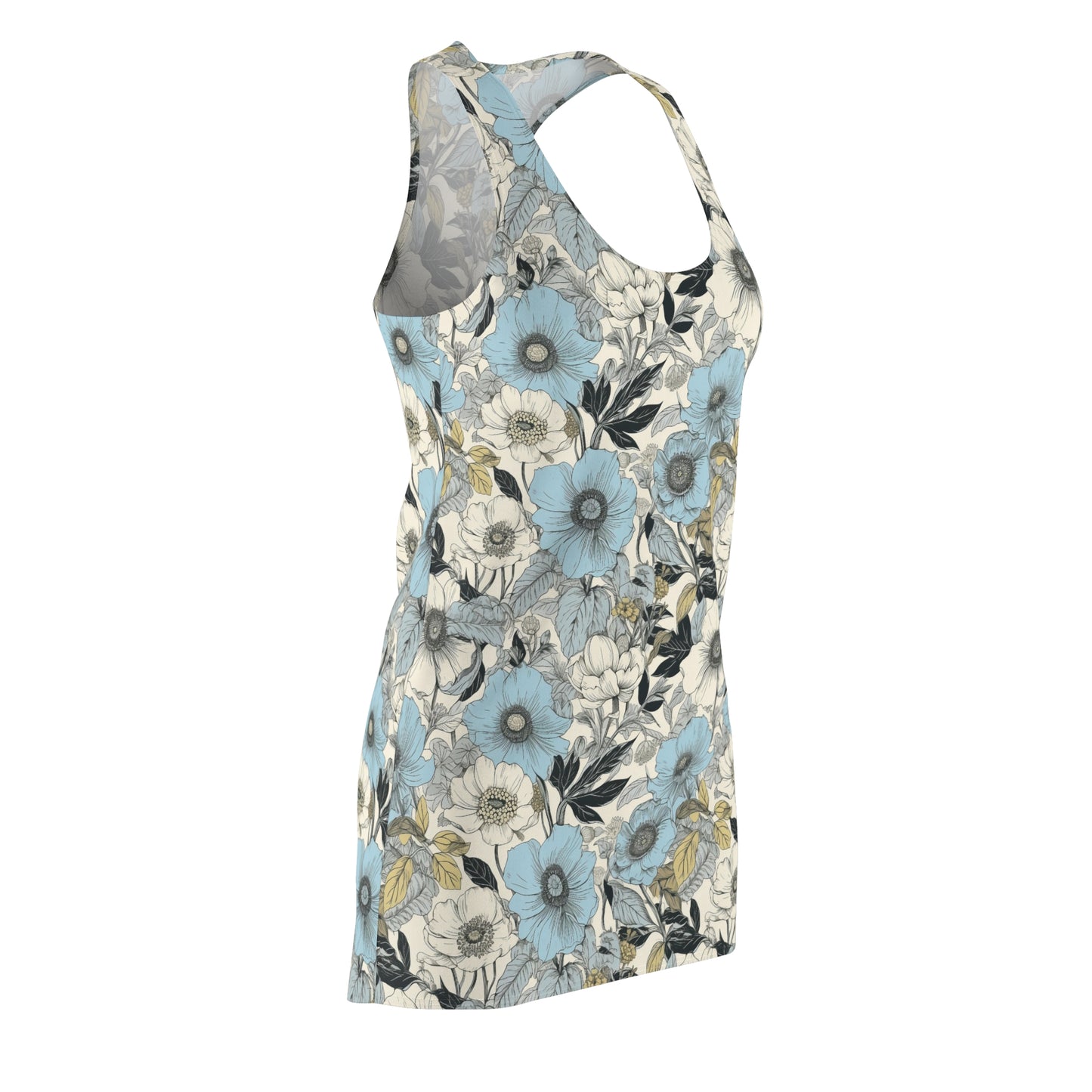 Blue and Grey Floral Racerback Dress with Yellow Leaves