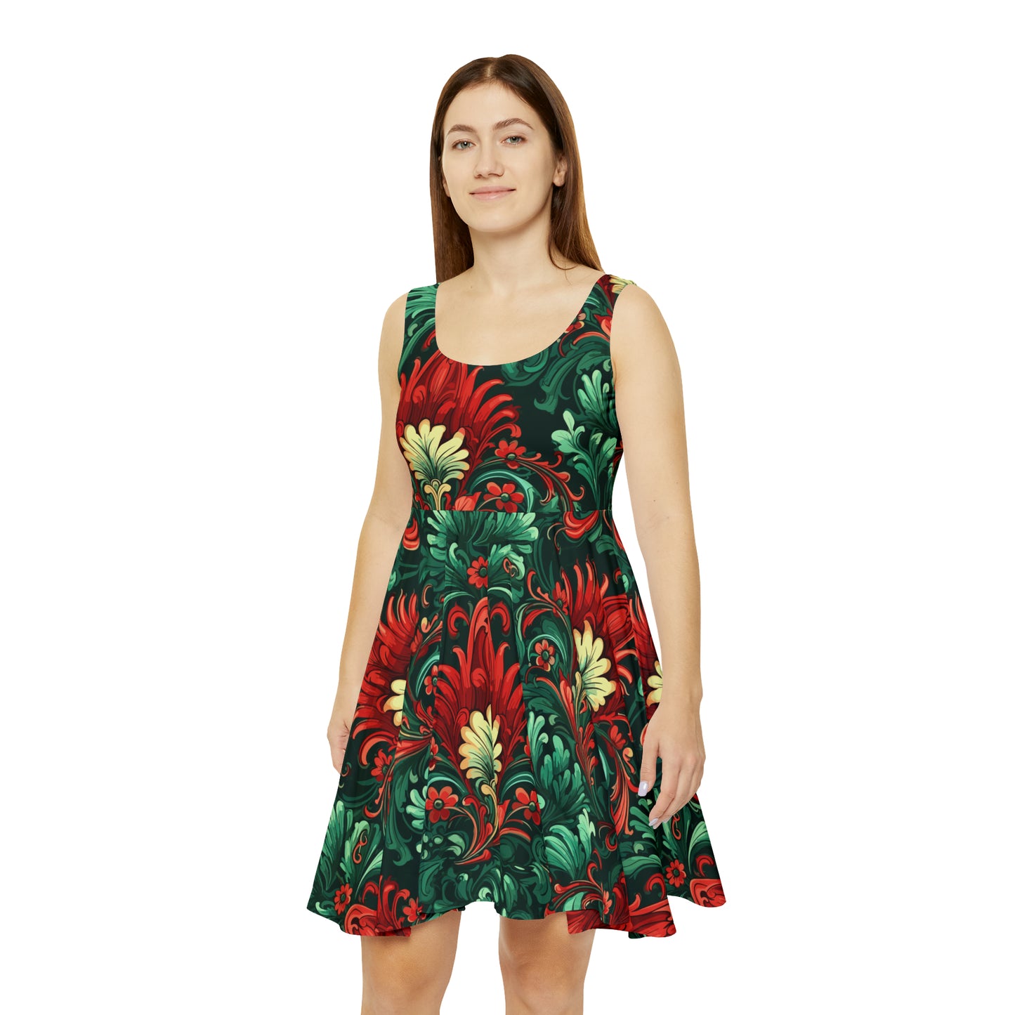 Botero Green and Red Floral Skater Dress