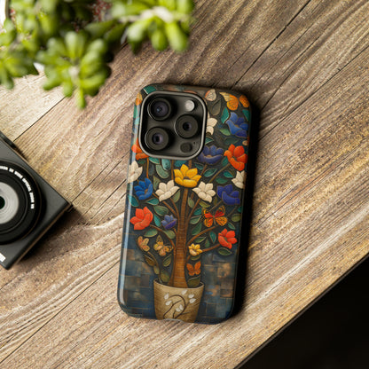 Vibrant Flower Tree Butterfly iPhone Case - Artistic Protection with Detailed Relief Sculpture - Symmetrical Design & Colorful Patterns