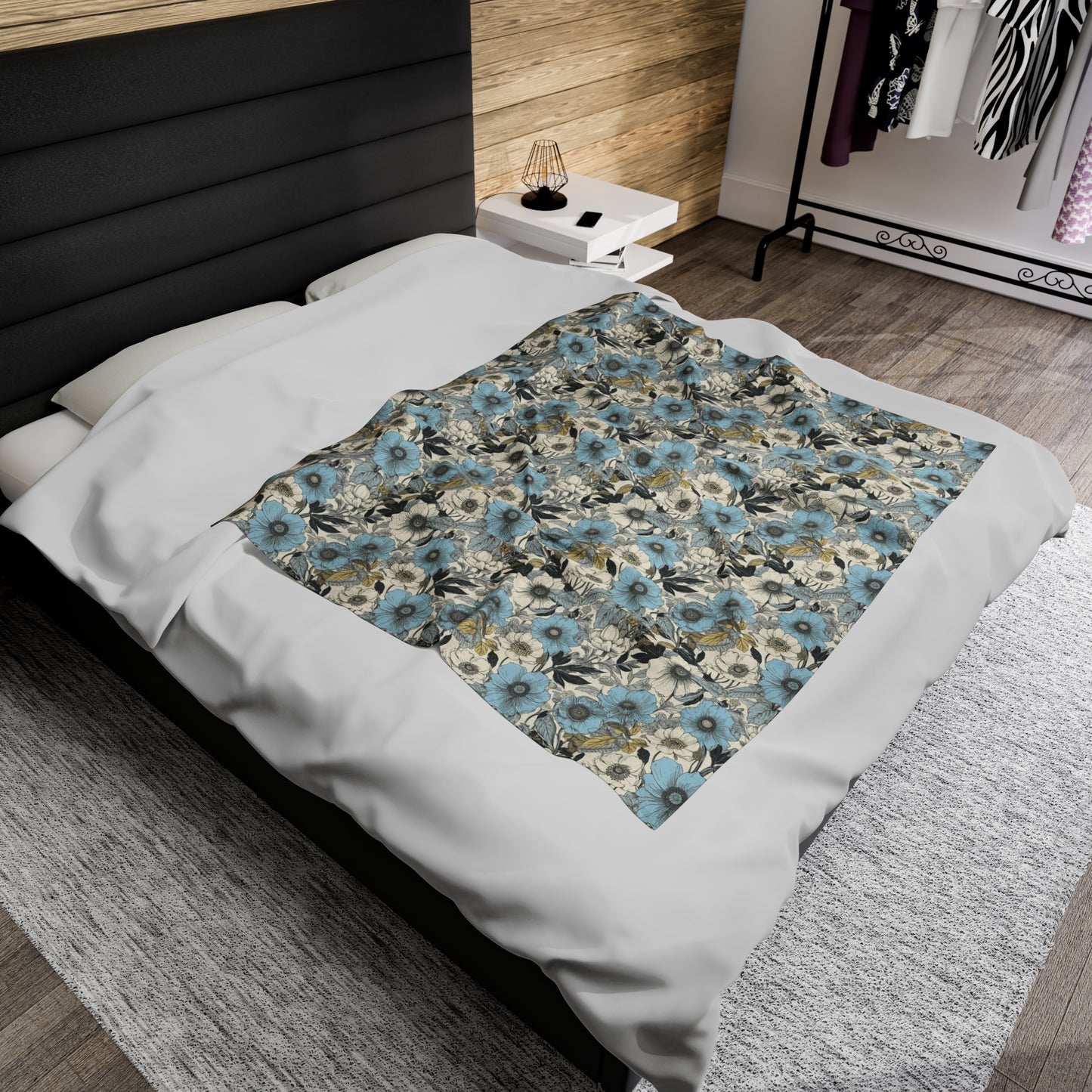 Blue and Grey Floral Plush Blanket