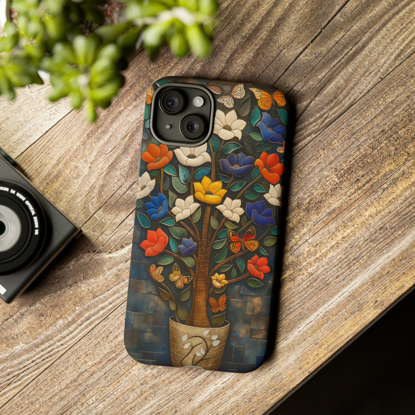 Vibrant Flower Tree Butterfly iPhone Case - Artistic Protection with Detailed Relief Sculpture - Symmetrical Design & Colorful Patterns