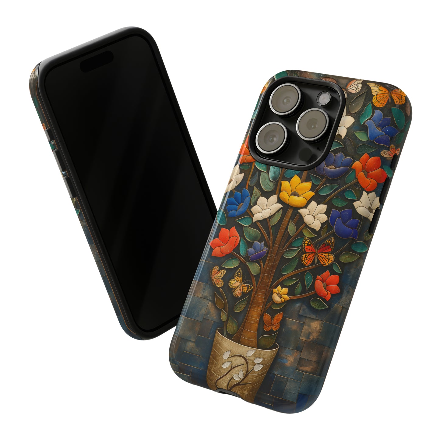 Vibrant Flower Tree Butterfly iPhone Case - Artistic Protection with Detailed Relief Sculpture - Symmetrical Design & Colorful Patterns