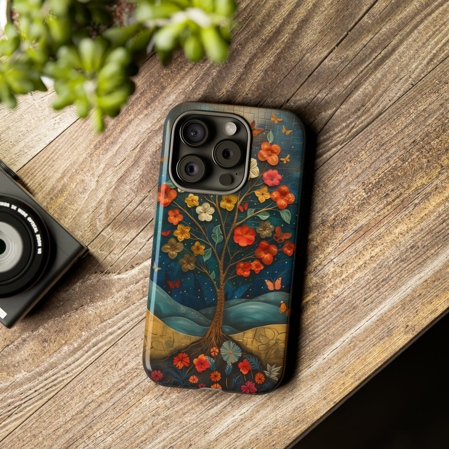 Fantasy Tree of Life iPhone Case - Vibrant Oil Painting Style - Intricate Details Warm Tones - Dark Brown Leather Texture Visible Logo