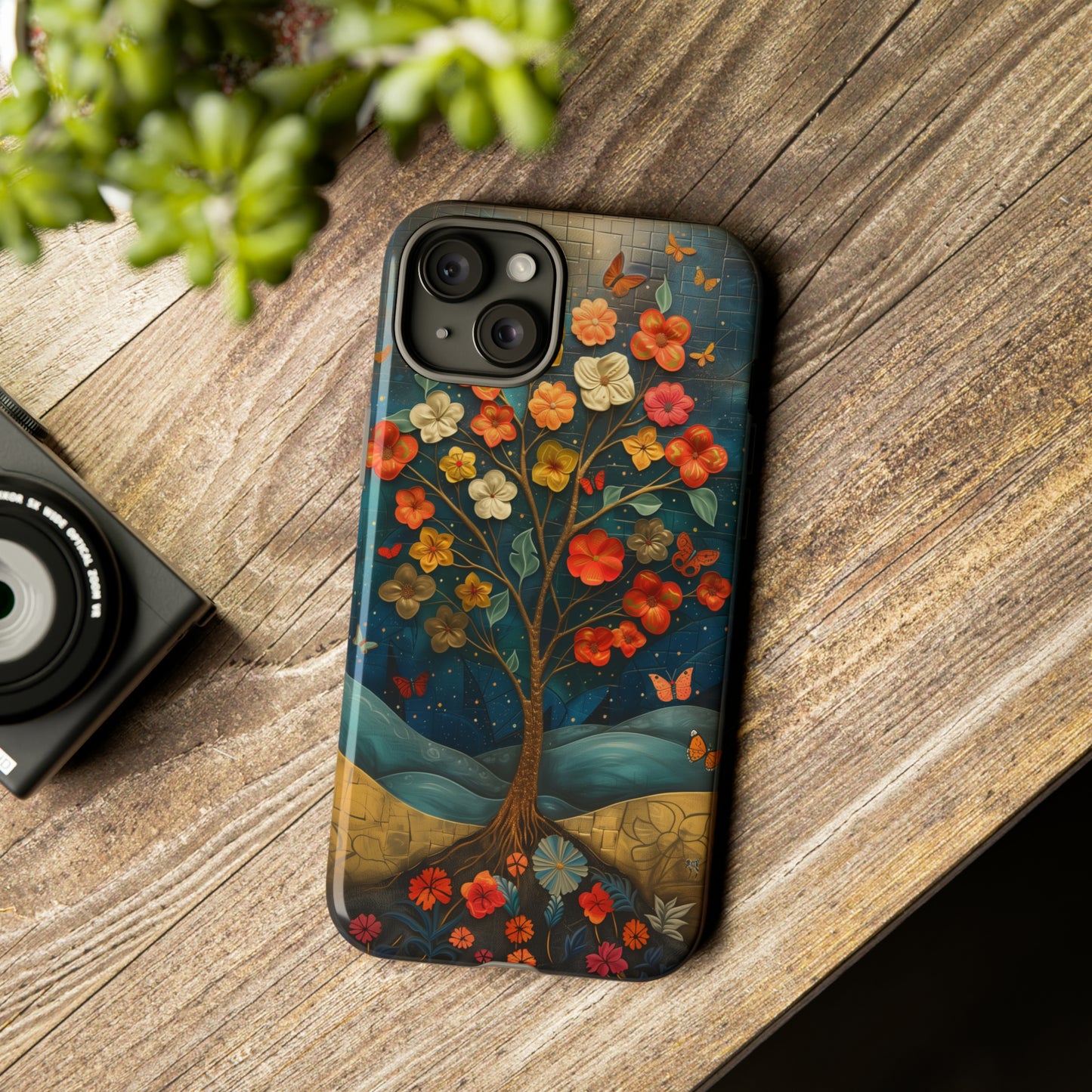 Fantasy Tree of Life iPhone Case - Vibrant Oil Painting Style - Intricate Details Warm Tones - Dark Brown Leather Texture Visible Logo