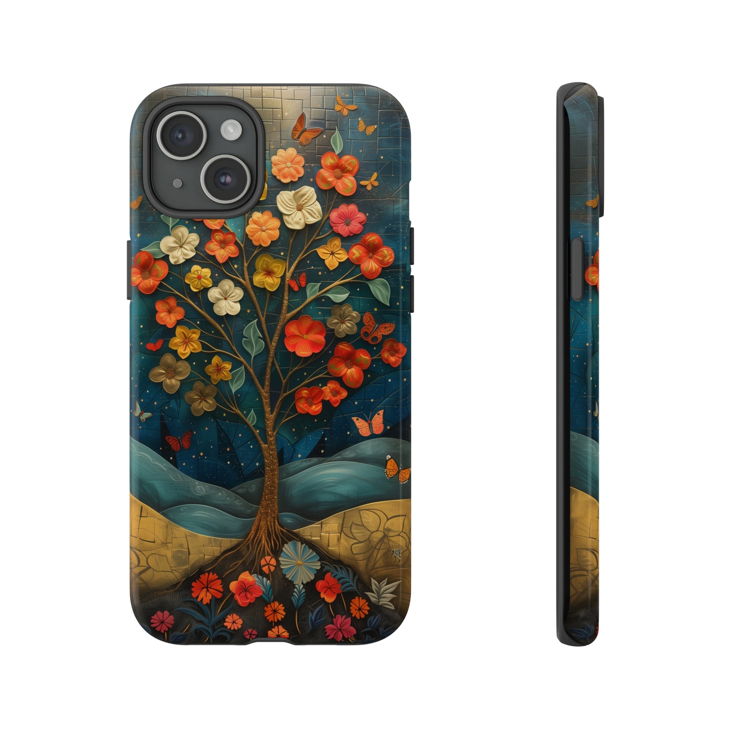 Fantasy Tree of Life iPhone Case - Vibrant Oil Painting Style - Intricate Details Warm Tones - Dark Brown Leather Texture Visible Logo