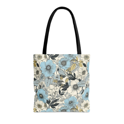 Blue and Grey Floral Tote Bag