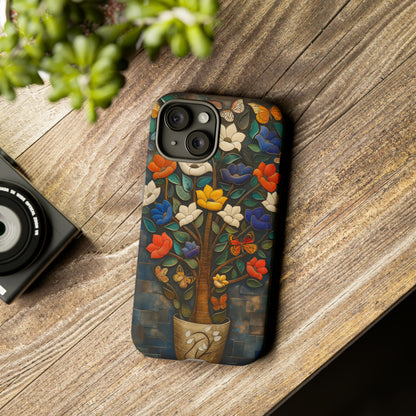 Vibrant Flower Tree Butterfly iPhone Case - Artistic Protection with Detailed Relief Sculpture - Symmetrical Design & Colorful Patterns