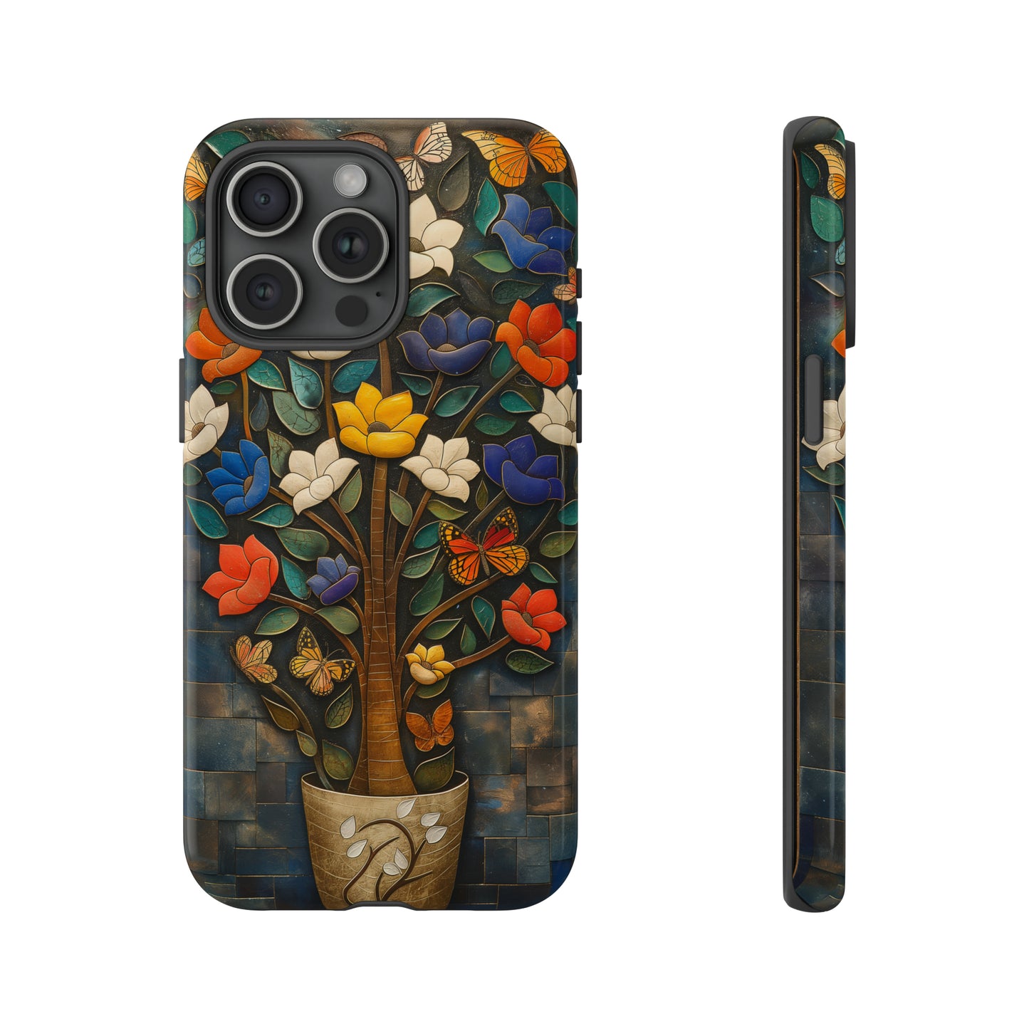 Vibrant Flower Tree Butterfly iPhone Case - Artistic Protection with Detailed Relief Sculpture - Symmetrical Design & Colorful Patterns