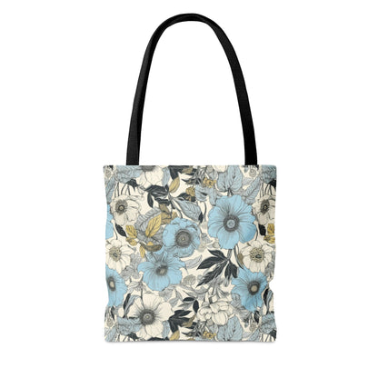 Blue and Grey Floral Tote Bag