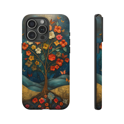 Fantasy Tree of Life iPhone Case - Vibrant Oil Painting Style - Intricate Details Warm Tones - Dark Brown Leather Texture Visible Logo