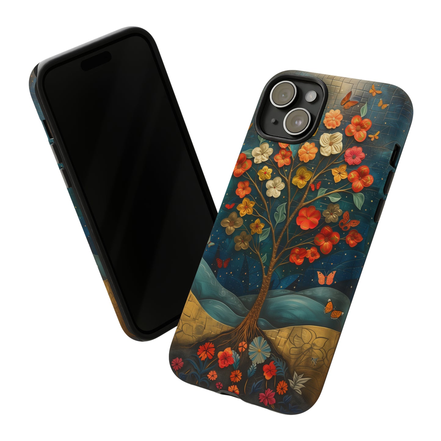 Fantasy Tree of Life iPhone Case - Vibrant Oil Painting Style - Intricate Details Warm Tones - Dark Brown Leather Texture Visible Logo