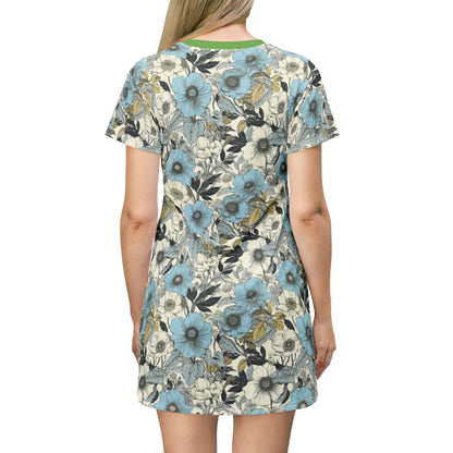 Blue and Grey Floral T-Shirt Dress