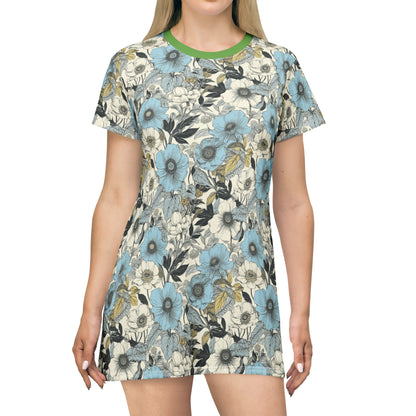 Blue and Grey Floral T-Shirt Dress