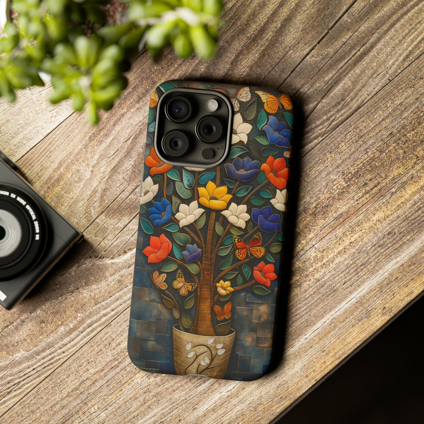 Vibrant Flower Tree Butterfly iPhone Case - Artistic Protection with Detailed Relief Sculpture - Symmetrical Design & Colorful Patterns