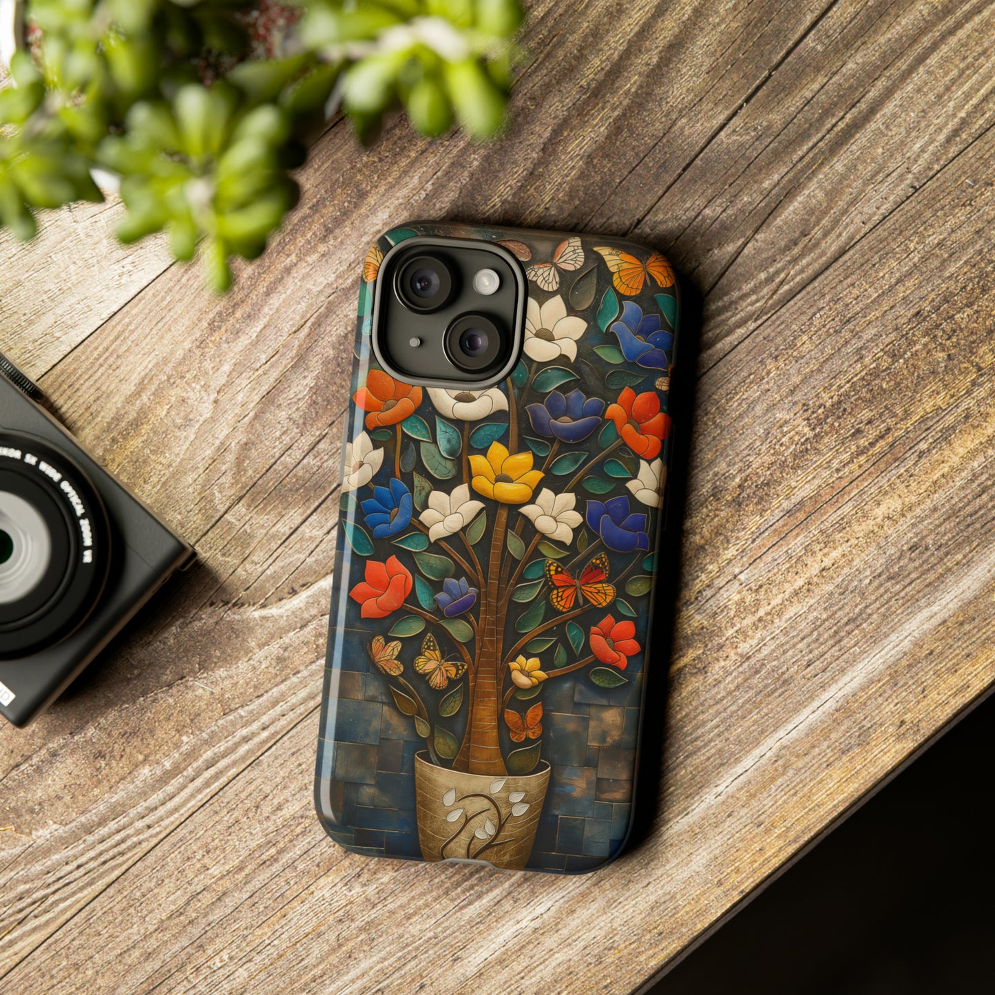 Vibrant Flower Tree Butterfly iPhone Case - Artistic Protection with Detailed Relief Sculpture - Symmetrical Design & Colorful Patterns