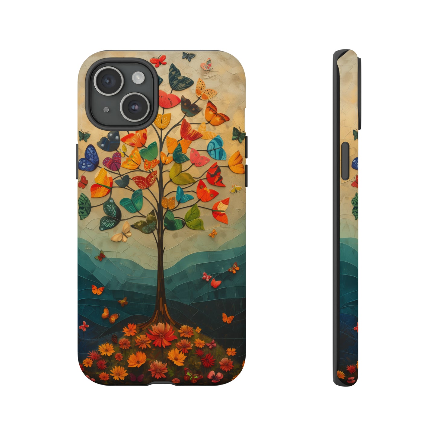 Dreamy Valley Tree iPhone Case - Colorful Butterflies & Flowers - Detailed Front View Illustration - Vibrant Colors