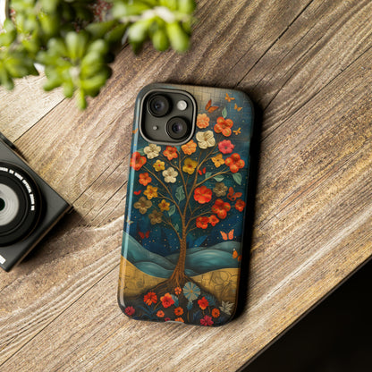 Fantasy Tree of Life iPhone Case - Vibrant Oil Painting Style - Intricate Details Warm Tones - Dark Brown Leather Texture Visible Logo