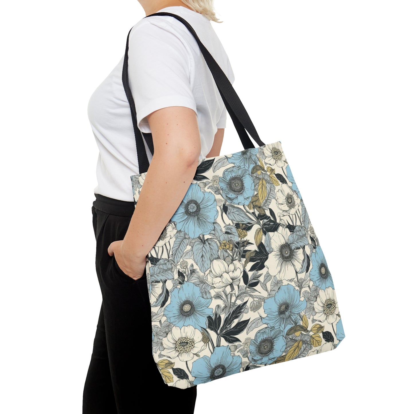 Blue and Grey Floral Tote Bag