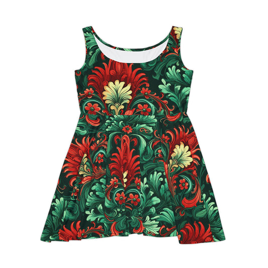 Botero Green and Red Floral Skater Dress