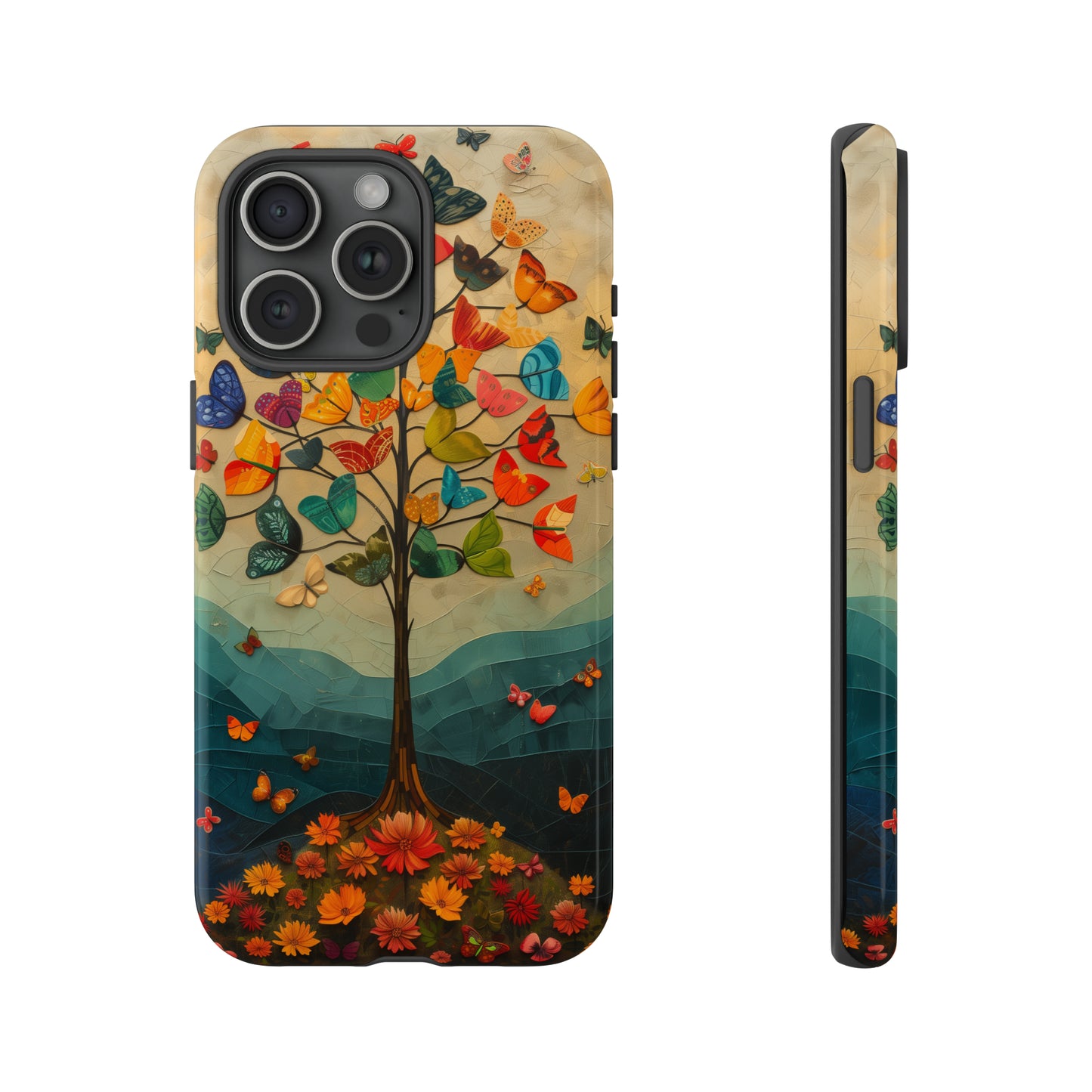 Dreamy Valley Tree iPhone Case - Colorful Butterflies & Flowers - Detailed Front View Illustration - Vibrant Colors