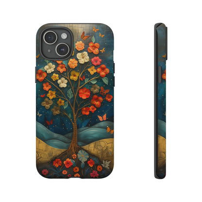 Fantasy Tree of Life iPhone Case - Vibrant Oil Painting Style - Intricate Details Warm Tones - Dark Brown Leather Texture Visible Logo