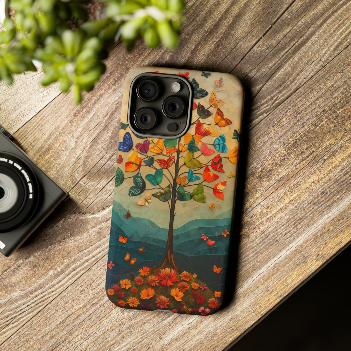 Dreamy Valley Tree iPhone Case - Colorful Butterflies & Flowers - Detailed Front View Illustration - Vibrant Colors