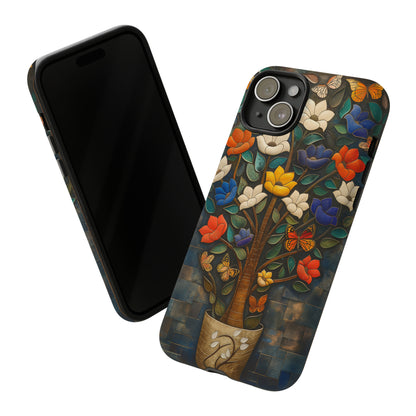 Vibrant Flower Tree Butterfly iPhone Case - Artistic Protection with Detailed Relief Sculpture - Symmetrical Design & Colorful Patterns