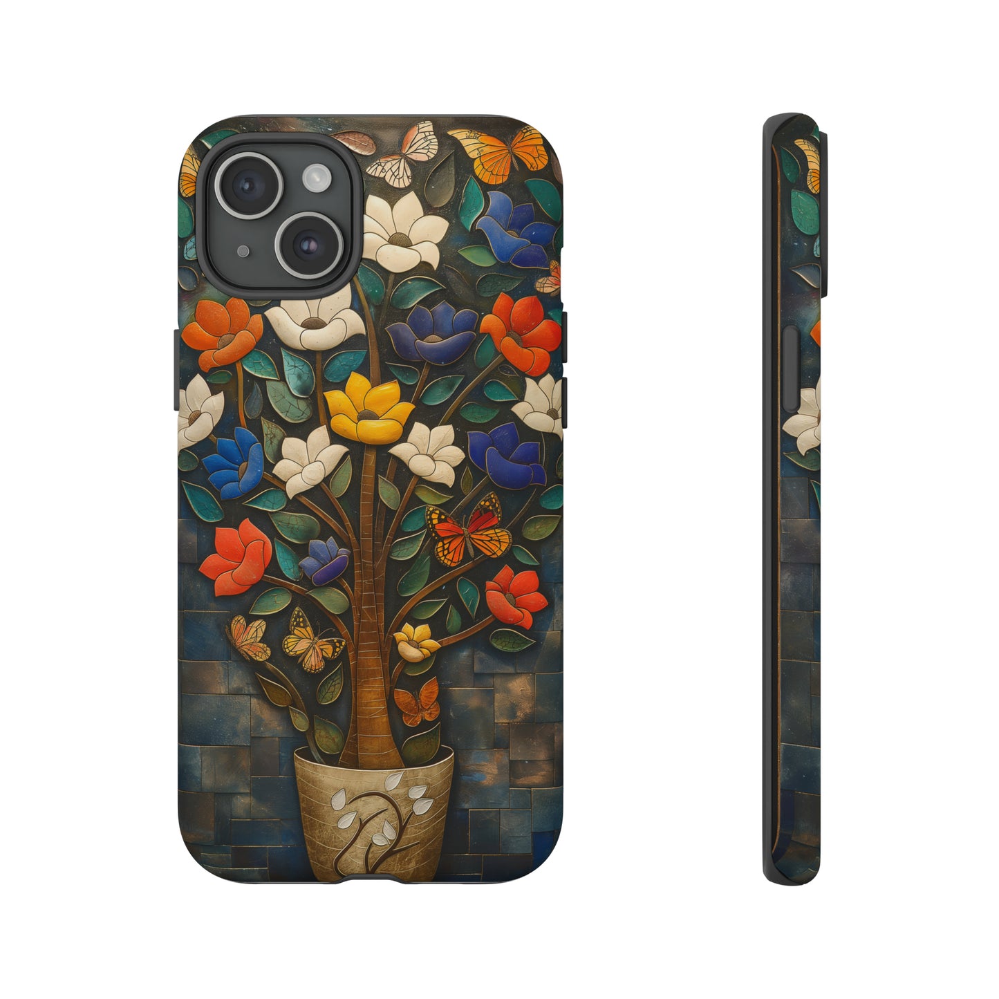 Vibrant Flower Tree Butterfly iPhone Case - Artistic Protection with Detailed Relief Sculpture - Symmetrical Design & Colorful Patterns