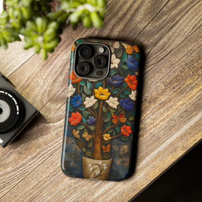 Vibrant Flower Tree Butterfly iPhone Case - Artistic Protection with Detailed Relief Sculpture - Symmetrical Design & Colorful Patterns