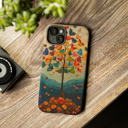 Dreamy Valley Tree iPhone Case - Colorful Butterflies & Flowers - Detailed Front View Illustration - Vibrant Colors