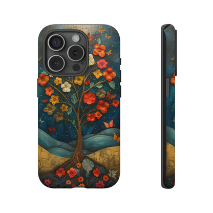 Fantasy Tree of Life iPhone Case - Vibrant Oil Painting Style - Intricate Details Warm Tones - Dark Brown Leather Texture Visible Logo