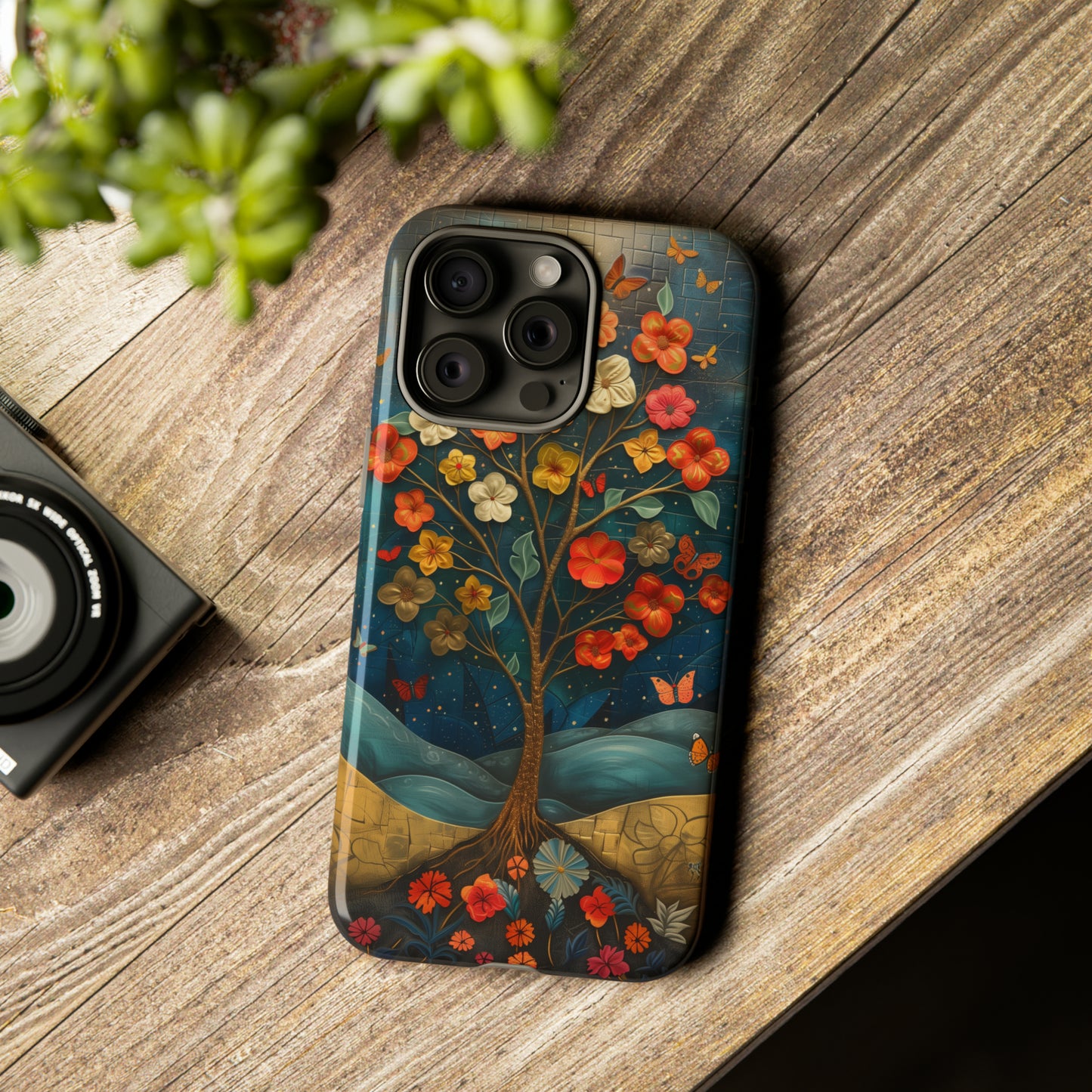 Fantasy Tree of Life iPhone Case - Vibrant Oil Painting Style - Intricate Details Warm Tones - Dark Brown Leather Texture Visible Logo