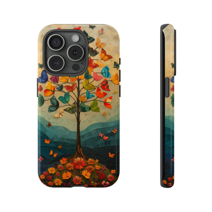 Dreamy Valley Tree iPhone Case - Colorful Butterflies & Flowers - Detailed Front View Illustration - Vibrant Colors