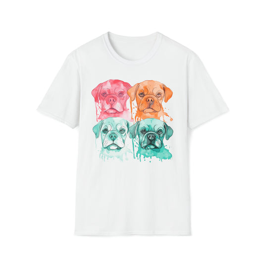 Colorful Pop Art Pug T-Shirt - Four Watercolor Pup Pugs in Vibrant Style