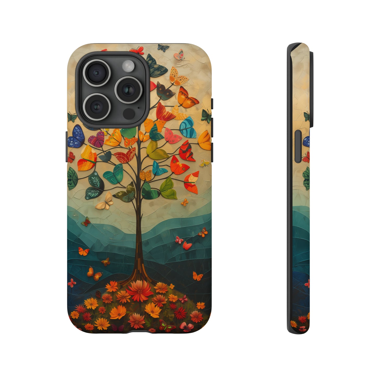 Dreamy Valley Tree iPhone Case - Colorful Butterflies & Flowers - Detailed Front View Illustration - Vibrant Colors