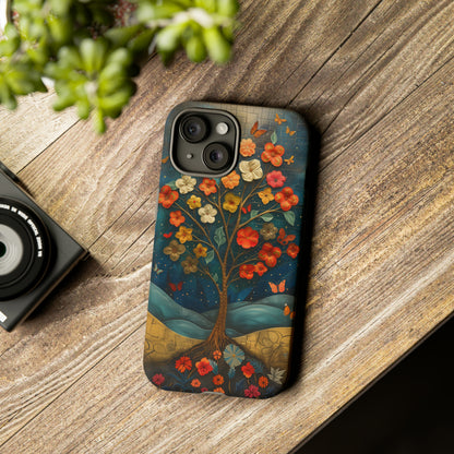 Fantasy Tree of Life iPhone Case - Vibrant Oil Painting Style - Intricate Details Warm Tones - Dark Brown Leather Texture Visible Logo