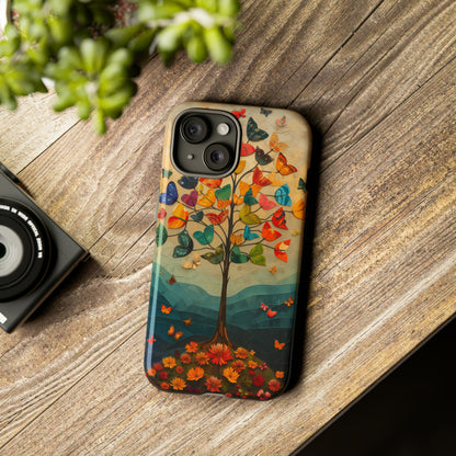 Dreamy Valley Tree iPhone Case - Colorful Butterflies & Flowers - Detailed Front View Illustration - Vibrant Colors