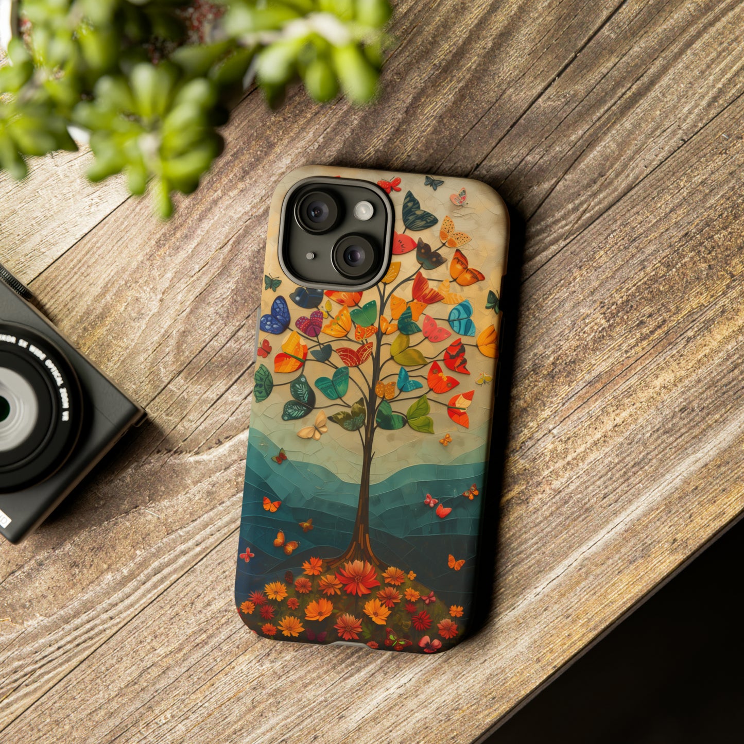 Dreamy Valley Tree iPhone Case - Colorful Butterflies & Flowers - Detailed Front View Illustration - Vibrant Colors