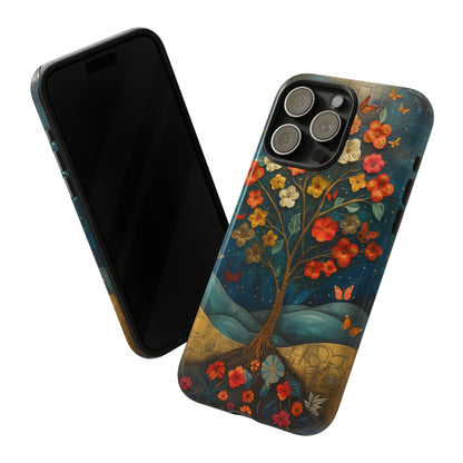 Fantasy Tree of Life iPhone Case - Vibrant Oil Painting Style - Intricate Details Warm Tones - Dark Brown Leather Texture Visible Logo