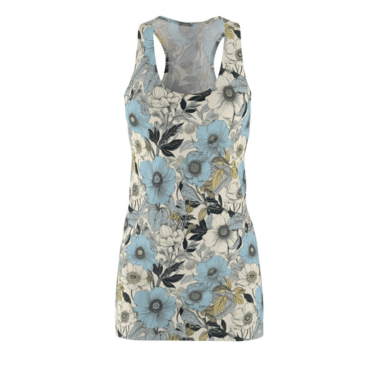 Blue and Grey Floral Racerback Dress with Yellow Leaves