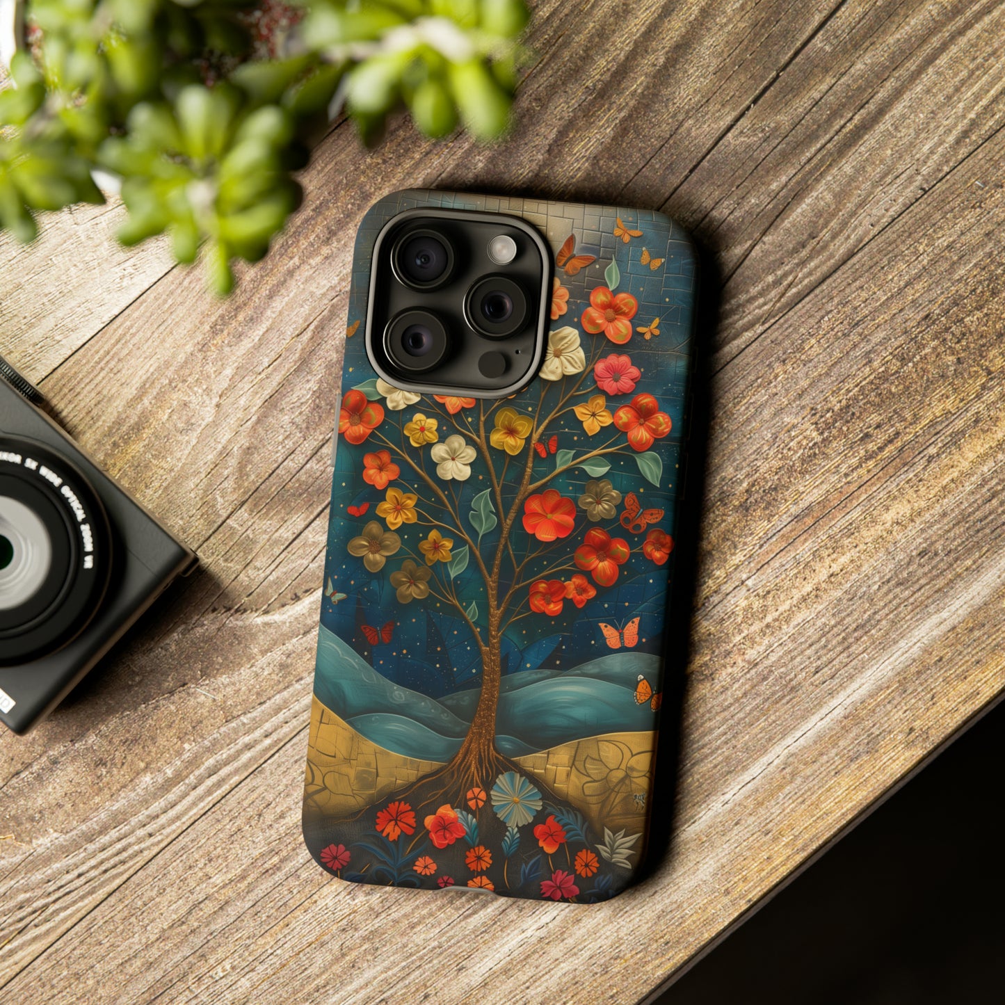 Fantasy Tree of Life iPhone Case - Vibrant Oil Painting Style - Intricate Details Warm Tones - Dark Brown Leather Texture Visible Logo