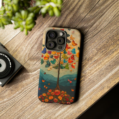 Dreamy Valley Tree iPhone Case - Colorful Butterflies & Flowers - Detailed Front View Illustration - Vibrant Colors