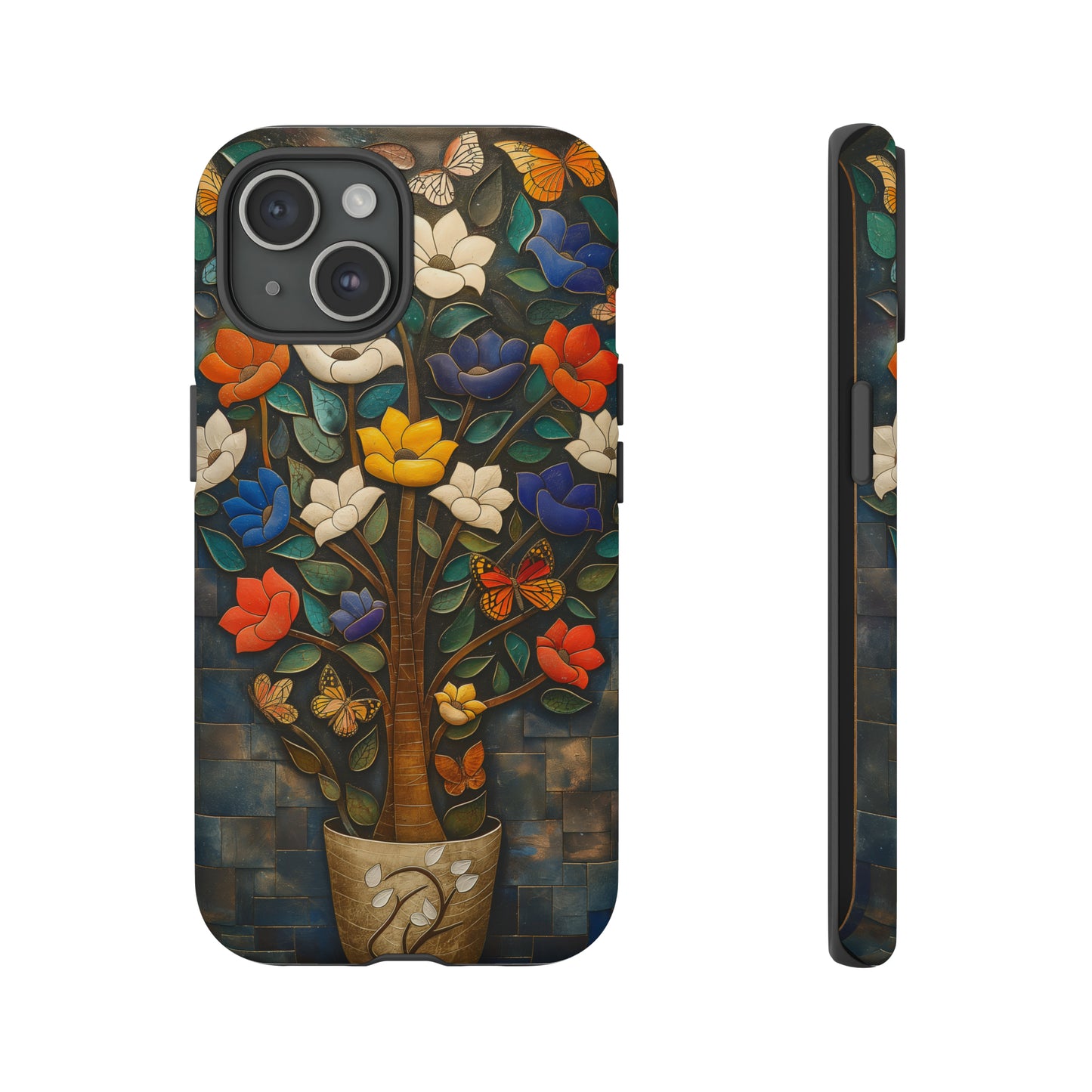 Vibrant Flower Tree Butterfly iPhone Case - Artistic Protection with Detailed Relief Sculpture - Symmetrical Design & Colorful Patterns