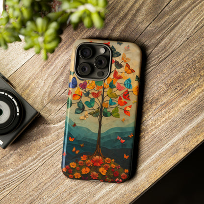 Dreamy Valley Tree iPhone Case - Colorful Butterflies & Flowers - Detailed Front View Illustration - Vibrant Colors