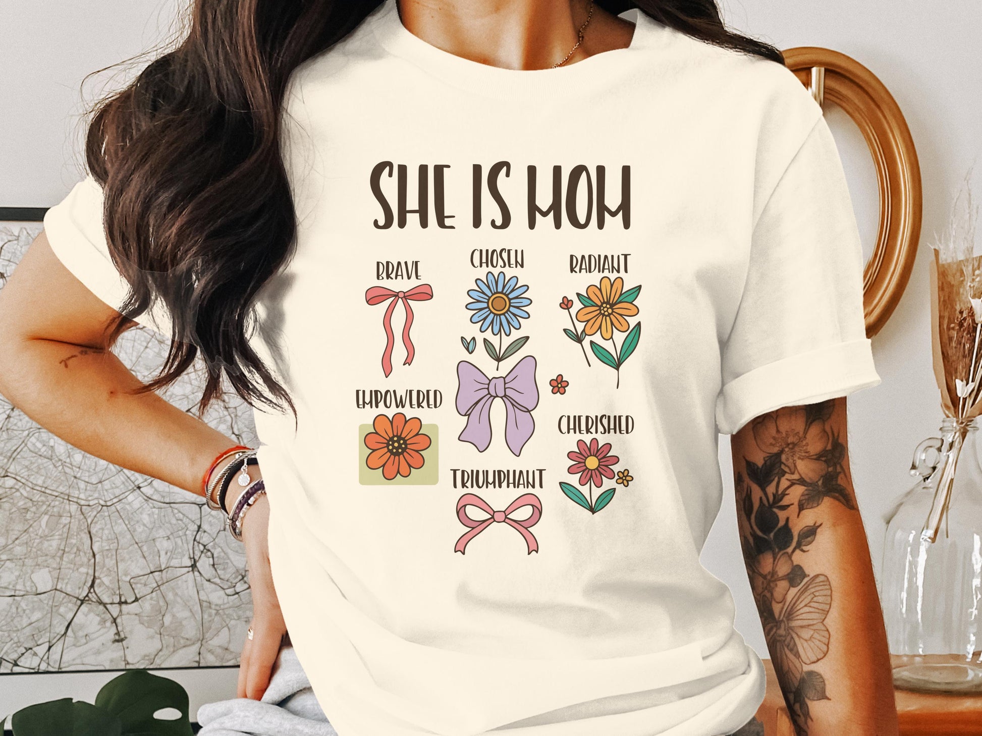 She Is Mom Graphic Tee Radiant Empowered Cherished product type